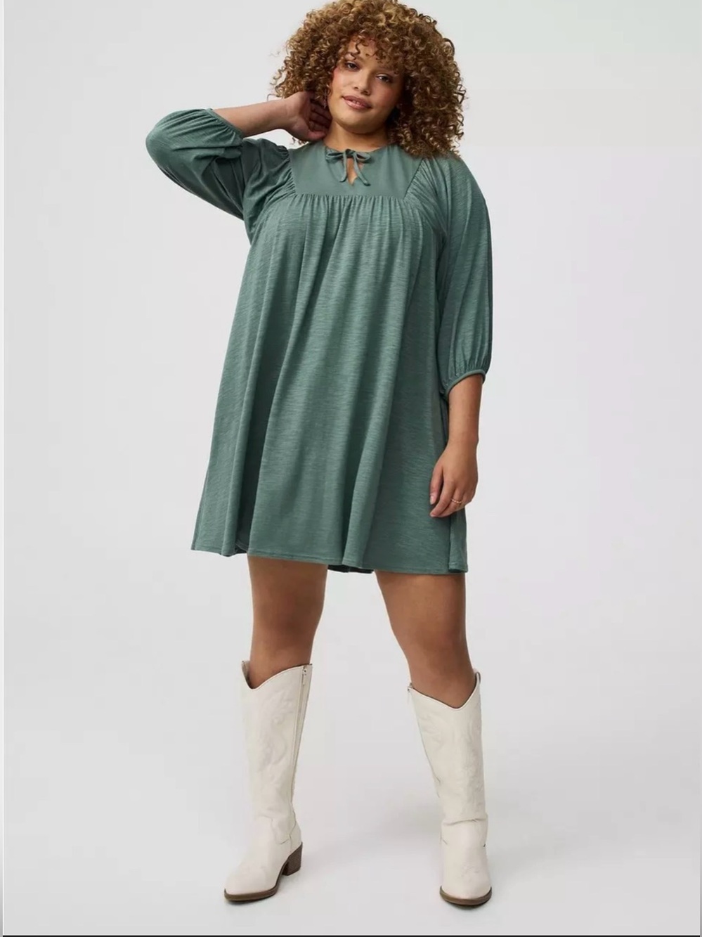Torrid sage green mini vintage slub yoke dress with long puff sleeves front tie